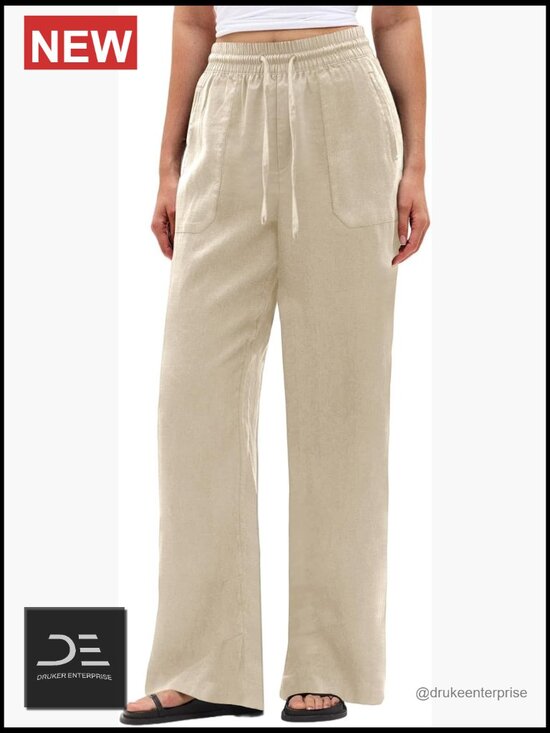 Pants - Wide Leg Palazzo Pants with Pockets Drawstring Flowy Beach Linen Trousers